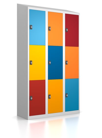 Gebrauchter Schließfachschrank mit 9 extragroßen Fächern / bunt