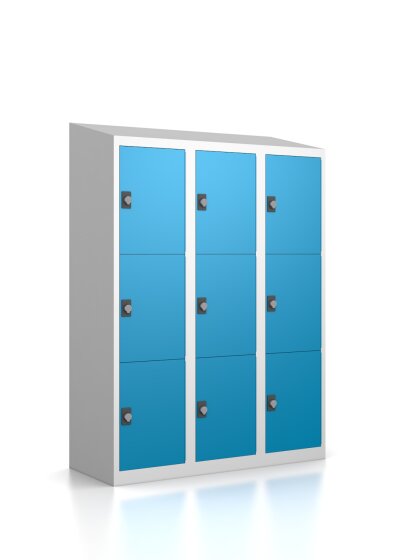 Gebrauchter Schließfachschrank mit 9 Fächern / RAL 5012 Lichtblau