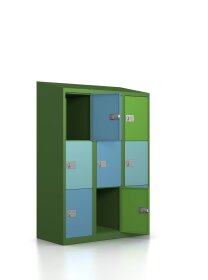 SONDEREPOSTEN Schließfachschrank - 9 Fächer - Design Morgentau/Korpus RAL 6010 Grasgrün